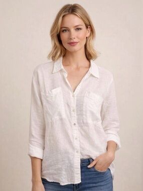 Magaschoni White Linen Button-Down Shirt